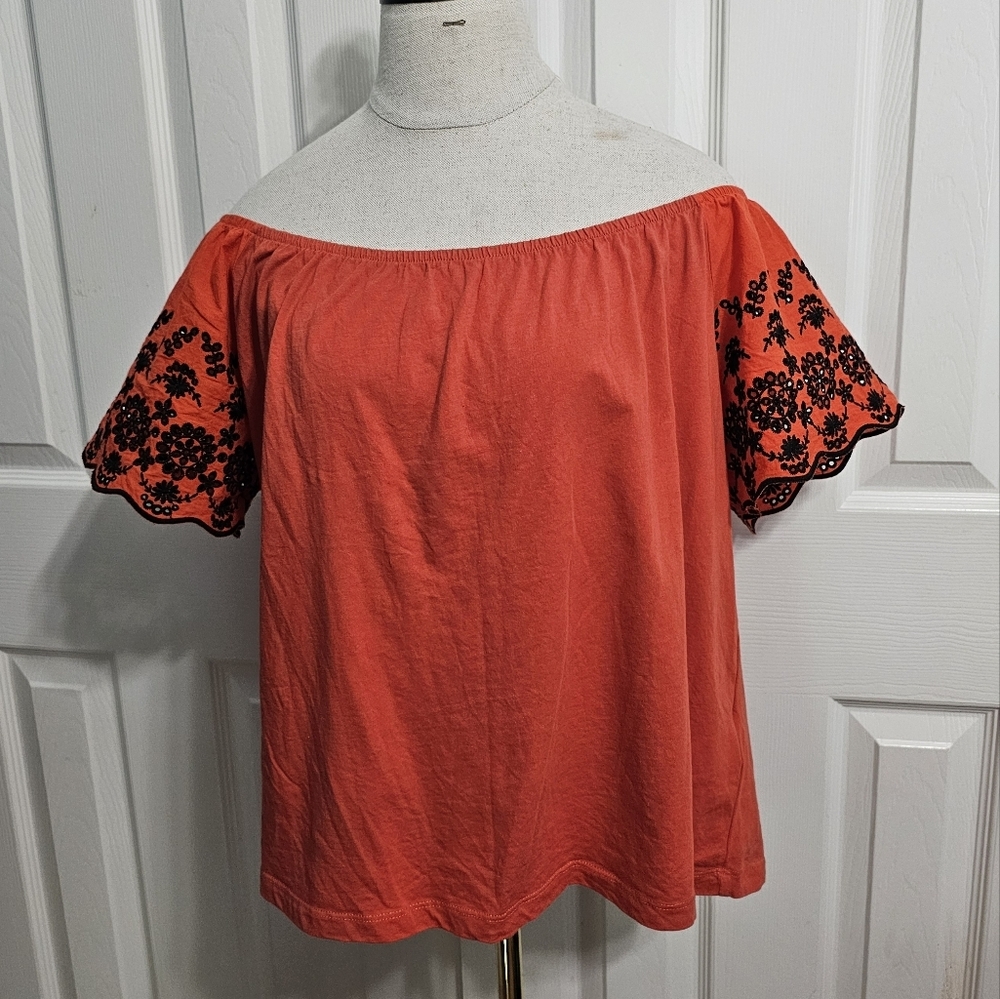 H&M Orange Embroidered Off-Shoulder Cottagecore Blouse Sz M - Picture 3 of 7